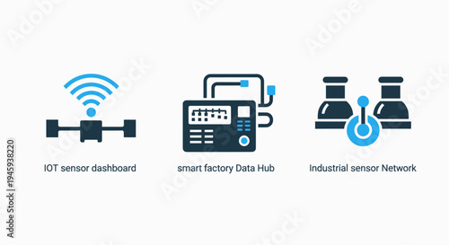 Iot sensor network icons: smart factory data hub, industrial connectivity, dashboard, and internet of things technology symbols