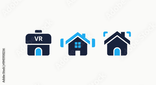 Smart home technology icons: virtual reality house, augmented living, property tech, and future real estate development solutions