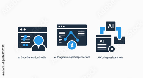 Ai code generation and programming icons: intelligence tools, coding assistant, software development, and artificial intelligence technology solutions