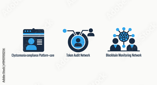 Blockchain monitoring network, token audit, and digital compliance platform icons for cryptocurrency and secure systems