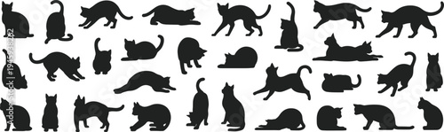 Collection of black cat silhouettes in various poses including sitting, walking, stretching, lying down, and playing, feline behavior illustration for design and decoration