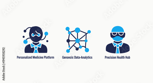 Personalized medicine platform, genomic data analytics, and precision health hub icons for modern healthcare