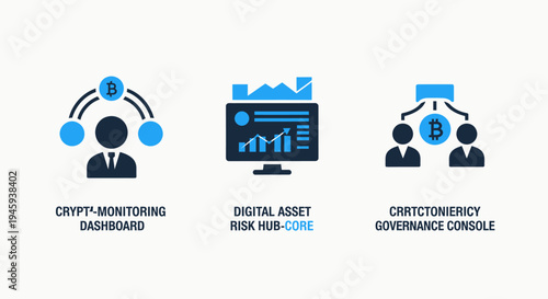 Cryptocurrency monitoring & digital asset risk icons: blockchain governance and fintech dashboard solutions