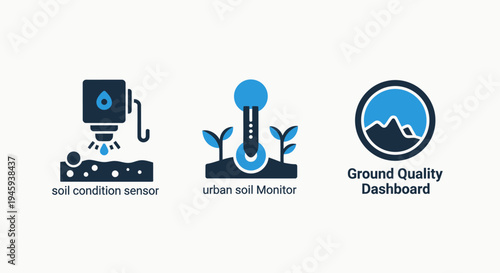 Ground quality dashboard, soil condition sensor, and urban soil monitor icons for environmental management