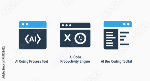 Ai dev coding toolkit, AI coding process tool, and code productivity engine icons for software development