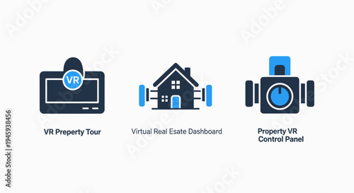 Virtual real estate dashboard, vr property tour, and control panel icons for immersive experiences