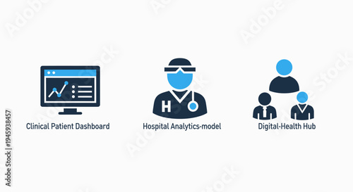 Clinical patient dashboard, hospital analytics model, and digital health hub icons