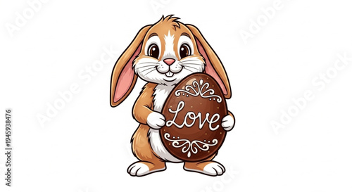 Isolated cartoon rabbit with a chocolate egg plaque bearing the word "Love."    