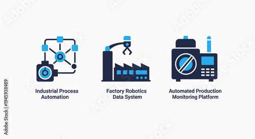 Industrial process automation, factory robotics and automated production icons - modern industry technology vector illustration