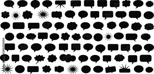 Collection of diverse speech and thought bubble silhouettes, comic book dialogue shapes, graphic design elements, storytelling illustration, communication concept