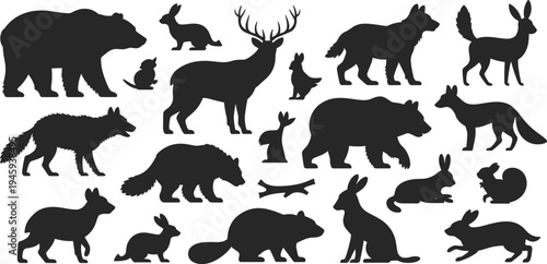 Collection of woodland animal silhouettes including bears, deer, wolves, foxes, rabbits, squirrels, beavers, and kangaroos, wildlife illustration for education and design