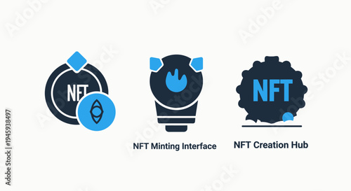 Nft minting interface and creation hub icons - modern non-fungible token technology vector illustration