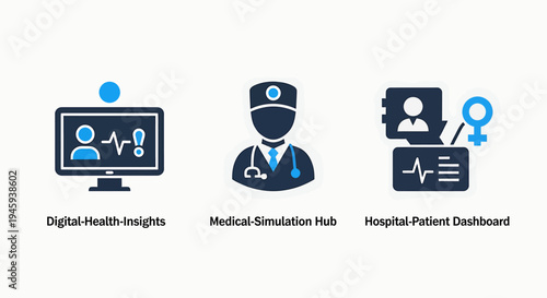 Digital health insights, medical simulation hub, and hospital patient dashboard icons for healthcare technology