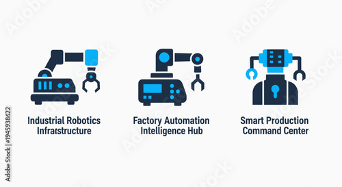 Industrial robotics infrastructure and smart factory automation production command center icons