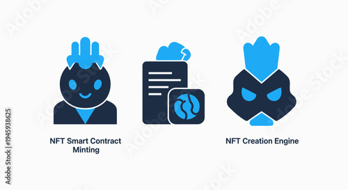 Nft smart contract minting and digital asset creation engine icons for blockchain cryptocurrency and web3