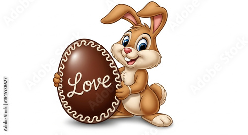 Isolated cartoon rabbit with a chocolate egg plaque bearing the word "Love."    