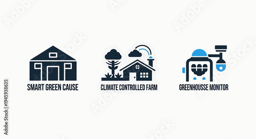 Smart green cause, climate controlled farm, and greenhouse monitor icons - environmental technology concepts