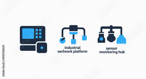 Industrial sentwork platform, sensor monitoring hub, and interface control panel icons - digital technology system collection