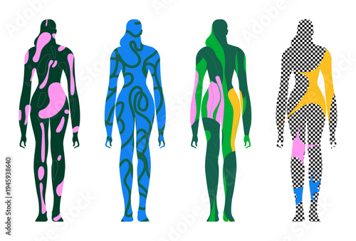 Abstract characters set. Human silhouettes, figures with colored doodle patterns, feelings, emotions. Identity, personality, psychology concept. Flat vector illustration isolated on white background.