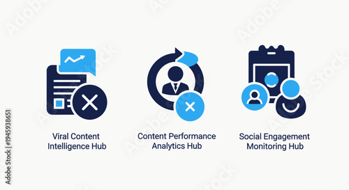 Viral content intelligence, performance analytics, and social engagement hub icons - digital marketing failure concepts