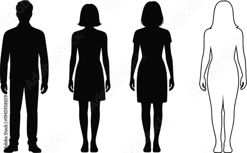 Five diverse silhouettes of men and women in casual and formal attire, gender representation, posture study, body diversity, design illustration concept