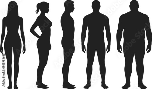 Five diverse silhouettes of men and women in casual and formal attire, body type variation, fitness, anatomy, posture study, lifestyle diversity illustration