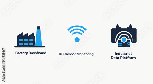 Factory dashboard, iot sensor monitoring, and industrial data platform icons - automation technology