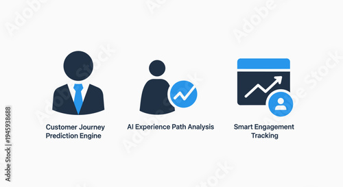 Customer journey prediction, AI experience analysis, and smart engagement tracking icons - business analytics