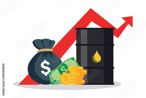 Oil price growth concept – barrel, money bag and rising financial chart. Concept of oil price increase, energy market growth,