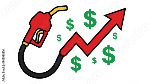 Rising fuel prices with gasoline pump and upward arrow. Concept of increasing oil cost and energy market inflation.