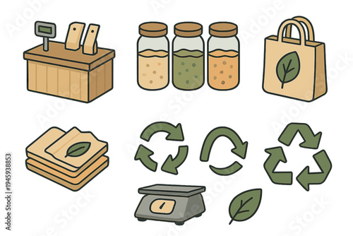 Eco-Friendly Business Icons. Waste-Free Business flat icons store counter, refill jars, paper labels, cloth bag, bamboo packaging, weighing scale, recycling arrows, plant leaf