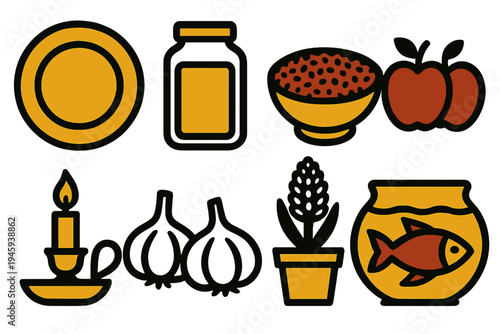 Bold Icon Festivity. Festive Arrangement silhouette set: golden plate, glass jar, sumac bowl, apple pair, candle holder, garlic bulbs, hyacinth pot, fish bowl