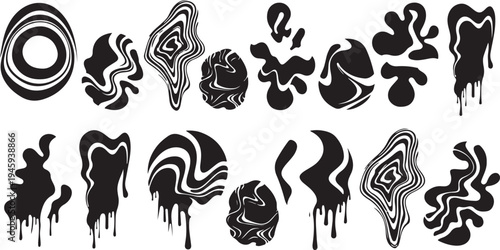 Colour ink blots. Colourful paint splatters and drips in organic splashes. Bright, playful, bold abstract graffiti spots for kids art blobs, comics, pop art design. Vector isolated set