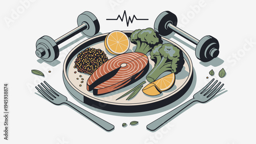 A vector graphic illustration of a healthy meal with salmon, broccoli, and quinoa surrounded by dumbbells and forks on a plate