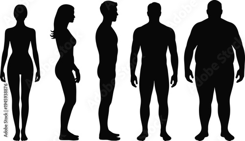 Five diverse silhouettes of men and women representing different body types, fitness, anatomy, posture study, health diversity, lifestyle illustration concept