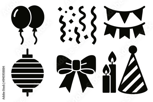 Festive Icon Collection. Festive Decor silhouette set: balloons, confetti, streamers, bunting flags, paper lantern, ribbon bow, candles, party hat