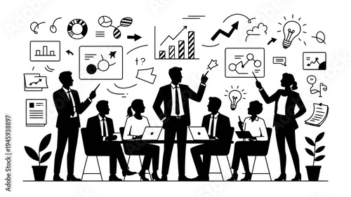 A minimalist vector illustration of a business team brainstorming in a meeting with various charts and graphs