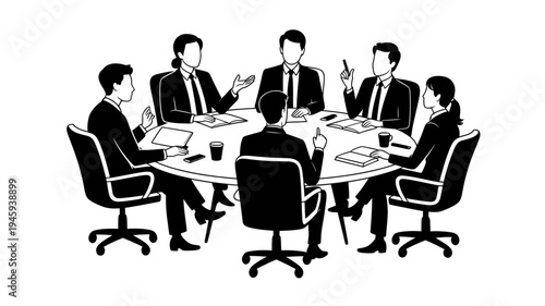 A minimalist vector illustration of a business meeting with six professionals in suits sitting around a round table