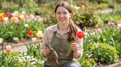 A young woman gardener holds a tulip in one hand and two gloves in the other.  