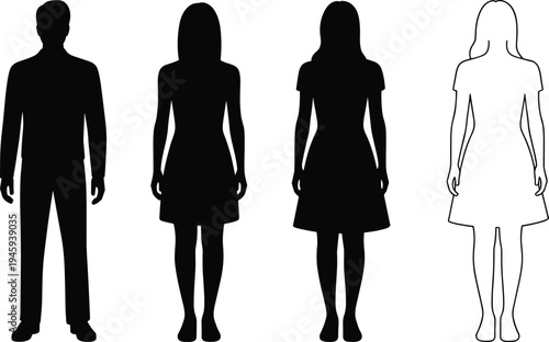 Four diverse silhouettes of men and women in casual and formal attire, gender representation, visual contrast, posture study, design illustration concept