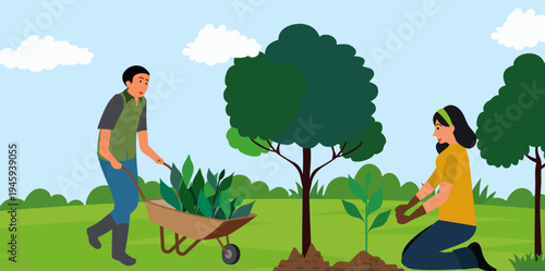 volunteer planting tree wheelbarrow plants environmental protection community gardening