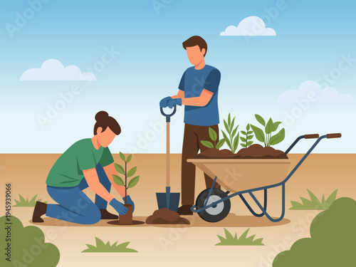 volunteer planting tree wheelbarrow plants environmental protection community gardening