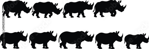 Nine rhinoceros silhouettes in varied sizes and shapes, animal diversity, wildlife illustration, pattern recognition, motion study, educational design concept