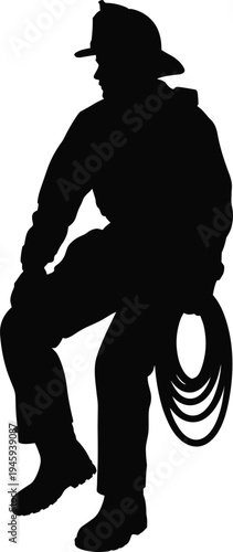 Silhouette of firefighter wearing helmet holding coiled hose seated on ground, symbol of bravery, readiness, emergency service and fire safety profession illustration