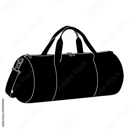 Black vector silhouette of a duffel travel bag with shoulder strap outline isolated on transparent background