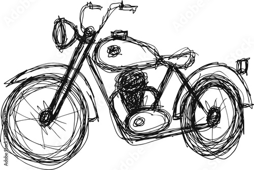 Hand drawn sketch of a vintage motorcycle with detailed wheels, frame, and handlebars in black ink