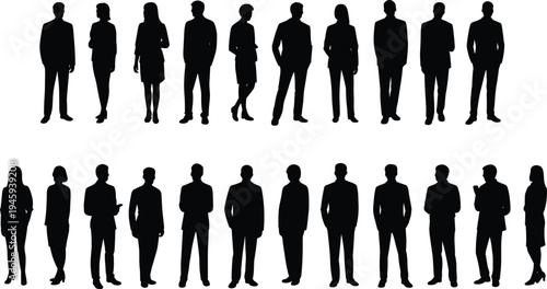 Large collection of professional men and women silhouettes standing in business formal attire for corporate graphic design projects
