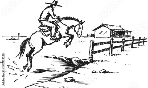 Cowboy riding horse jumping over a ditch near farm fence in rural countryside sketch