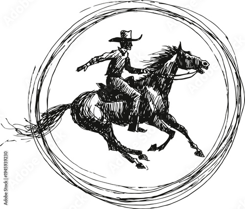 Cowboy riding galloping horse inside a circular sketch outline dynamic illustration
