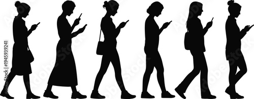 Silhouettes of people walking while looking at smartphones, modern lifestyle technology addiction concept, digital evolution and mobile device dependence illustration in society